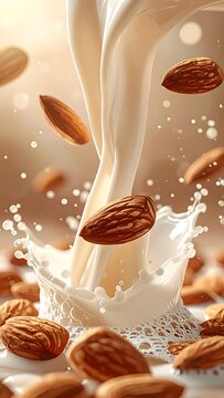 A splash of milk with almonds floating in it