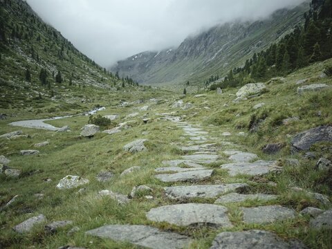 Historical sower's path along which Holocaust survivors travelled from Austria to Italy in 1947 in order to embark for Palestine, Krimmler Tauern, Pinzgau, Salzburg, Austria