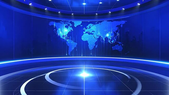 A modern virtual studio background with a glowing world map display