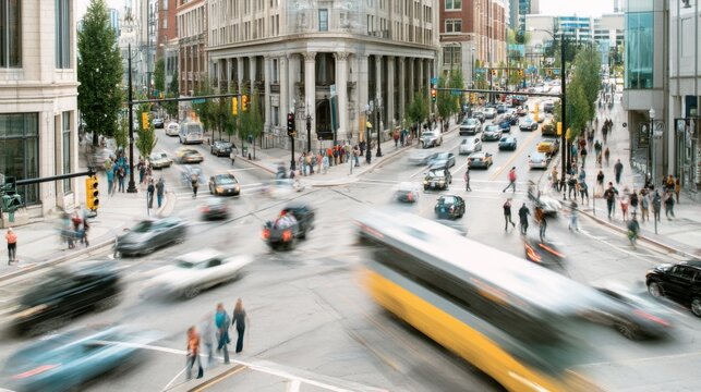 Busy urban intersection with pedestrians, cars, and public transport showcasing vibrant city life and dynamic movement in a bustling metropolitan area