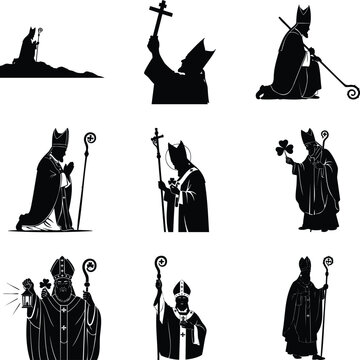 Saint patrick bishop silhouettes with shamrock, staff, and lantern msea set