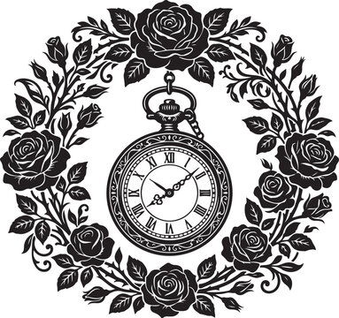 Vintage pocket watch, floral wreath, black and white vector, clock illustration, antique timepiece