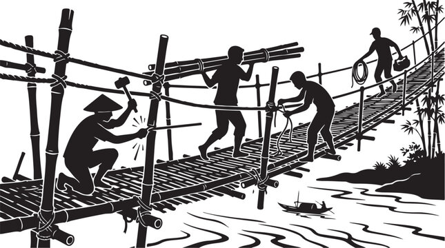 Black and white, rustic bridge construction, rural scenery, vector illustration, monochrome workers