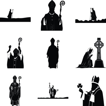 Saint patrick set, black silhouettes of bishop with pastoral staff msea set
