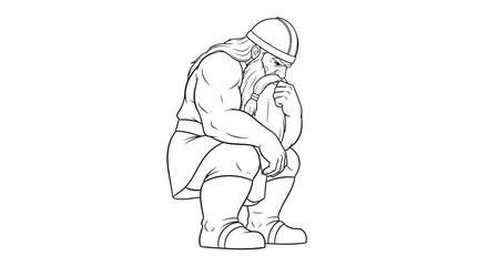Obraz premium Viking Warrior Crouching, Contemplative Pose, Medieval Warrior, Historical Character