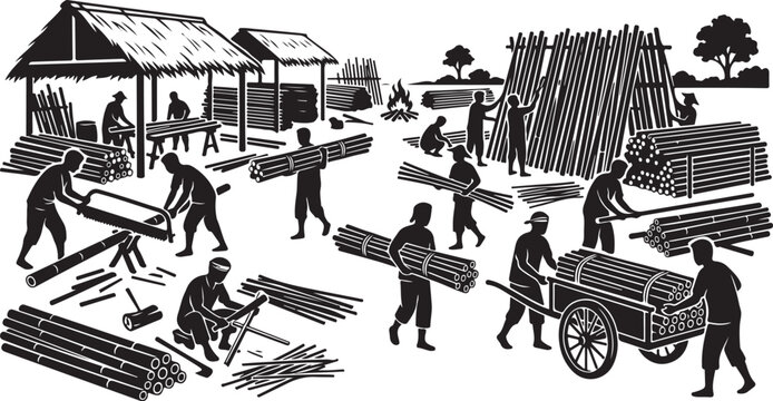 Black and white, vintage lumberjack, woodcutting, logging workers, industrial scene, vector illustration
