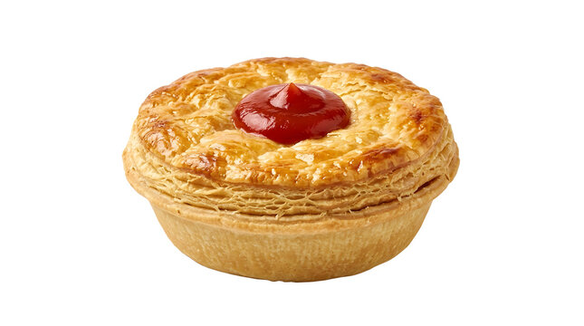 Traditional Australian meat pie with flaky puff pastry crust and tomato sauce dollop isolated on a white background for a commercial bakery or restaurant menu asset
