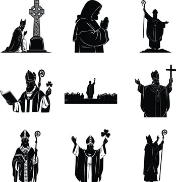 Saint patrick silhouette set with bishops, crosses and shamrocks msea set