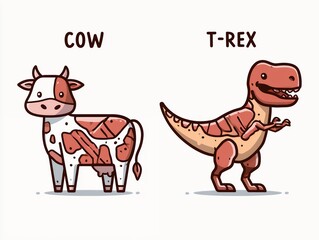 Obraz premium Cute cartoon cow and T-Rex dinosaur butcher diagrams with English text labels