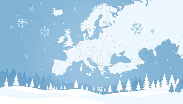 A winter scene with a map of Europe and snowy landscape