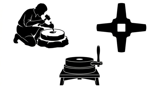 Traditional stonemason carving millstone eye with chisel and mallet next to iron rynd cross piece and completed manual stone quern hand mill on wooden bench vector silhouette set