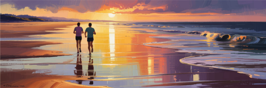 Colorful sunset beach run illustration, two people jogging on wet sand shoreline, reflective ocean waves fitness landscape art