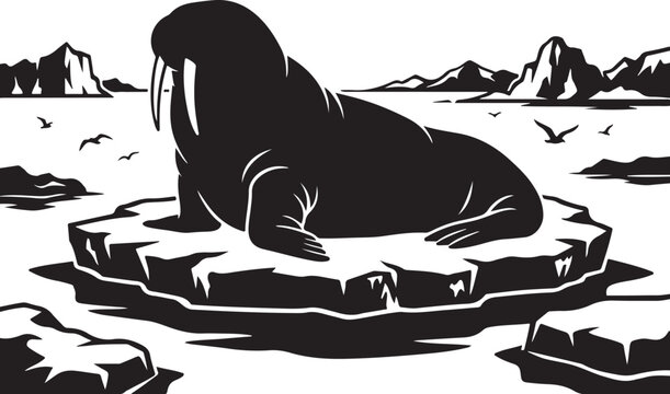 Black walrus, Arctic animal, ice floe, vector illustration, wildlife, polar landscape