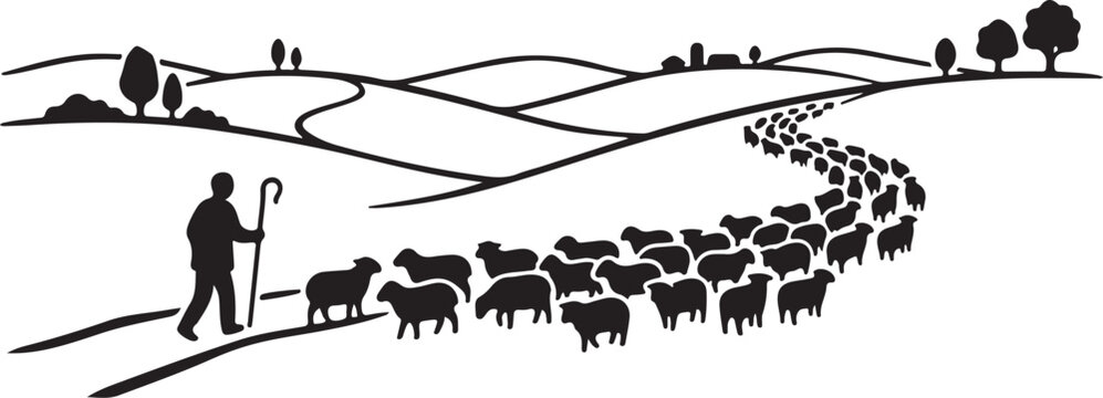 Shepherd, sheep, flock, rural landscape, black silhouette, vector illustration