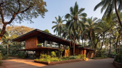Fototapeta premium Modern Architectural Design of a House Surrounded by Lush Tropical Vegetation and Tall Palm Trees in a Serene Outdoor Setting