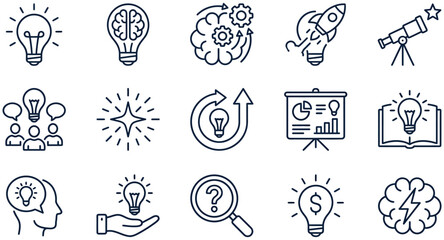 Obraz premium Creative lightbulb ideas and innovation concepts in flat vector icons set on white background