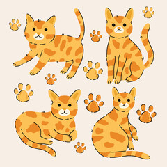Naklejka premium Cute orange tabby cat character collection with paw prints vector set. Hand drawn minimalist playful orange kitten character design bundle vector illustration