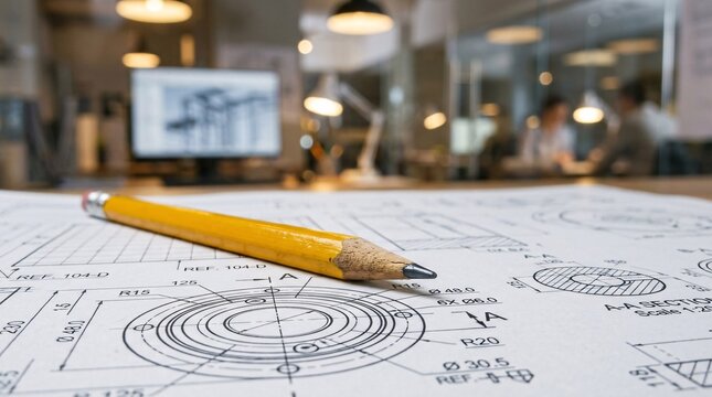 Sharp bright yellow wooden pencil resting on complex circular engineering blueprints against blurred modern office lights background.