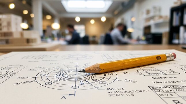 Sharp bright yellow wooden pencil resting on complex circular engineering blueprints against blurred modern office lights background.