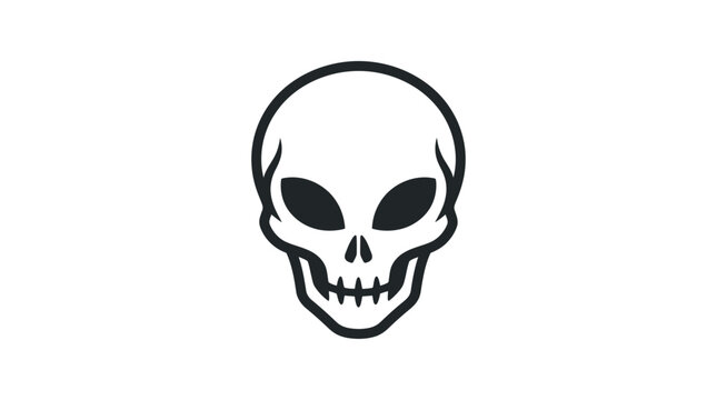 Minimalist vector design of an alien skull, representing the mysterious and unknown aspects of extraterrestrial life and science fiction. A simple, striking graphic element