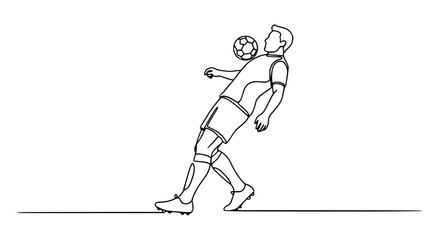 Fototapeta premium Continuous line drawing of a soccer player balancing a ball on his head, isolated on white background.