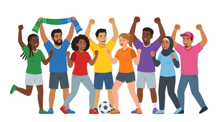 Fototapeta premium A diverse group of happy young people cheering together, celebrating a sports event with a soccer ball and scarf.