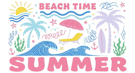 Obraz premium Summer Beach Time Vector Illustration With Palm Trees Surfboard Umbrellas And Ocean Waves For Seasonal Vacation Poster Design