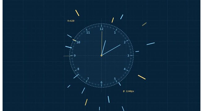 Digital clock hud interface with technical data animation
