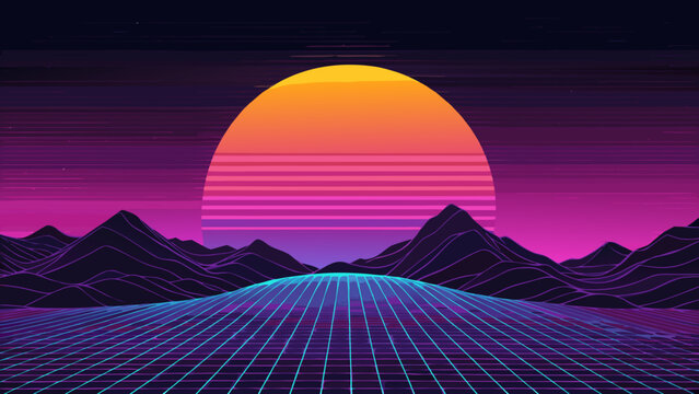 Retro futuristic synthwave landscape with glowing neon grid and sunset synthwave landscape futuristic vaporwave mountains eighties background cyberpunk abstract illustration perspective