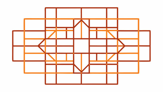 Abstract geometric linear composition of interlocking orange rectangular frames on white background with geometric abstract rectangle minimalist structure symmetry background composition