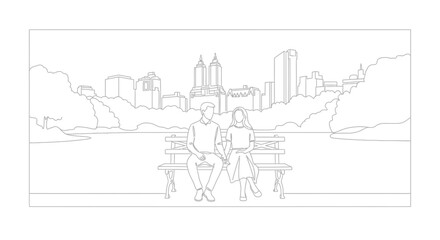 Obraz premium Couple Holding Hands on Park Bench with City Skyline Background