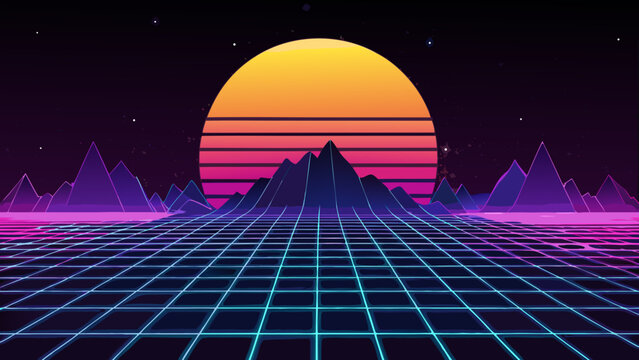 Retro 80s synthwave landscape with glowing neon grid and mountains synthwave retrowave landscape mountain vaporwave futuristic perspective abstract background illustration environment