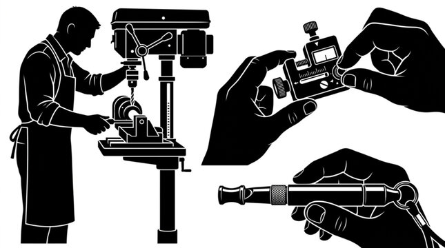 Industrial machinist drilling metal whistle body on floor drill press next to hands measuring with mechanical micrometer gauge tool and hand holding completed metal whistle vector silhouette set