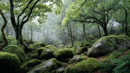 Fototapeta premium Lush Green Forest with Mossy Rocks and Trees in Misty Atmosphere, Nature Landscape with Serene Environment and Tranquil Vibes for Relaxation and Exploration