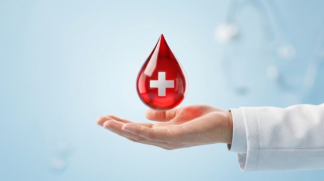 3D hand holding blood drop for blood donation, world blood donor day. Copy space for advertisers hospital or clinic. World blood donor day and save life concept. healthcare, medicine. 3d rendering