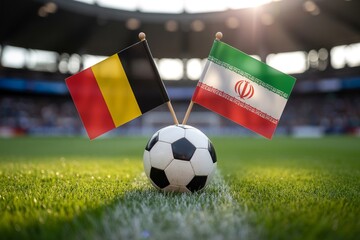 Naklejka premium Belgium and Iran national flags are featured with a soccer ball on a perfectly manicured stadium grass field