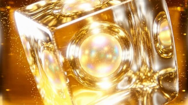 Abstract 3D premium glass cube rotating with glowing core and floating golden particles