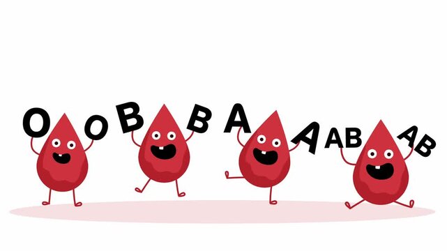 Four cute happy blood drop characters with different groups