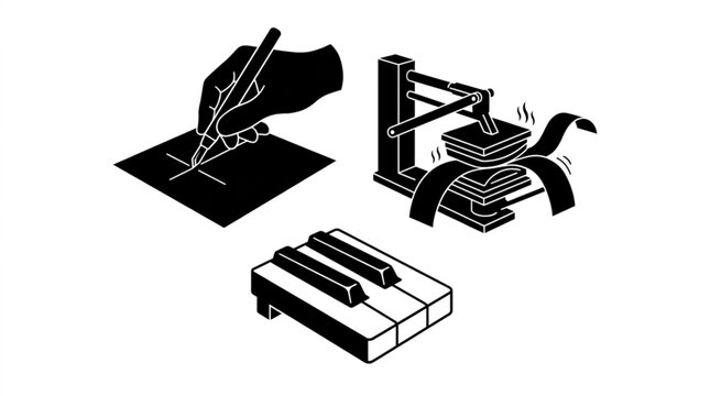 Traditional piano key manufacturing process showing hand cutting ebony wood veneer sheet next to hot steam bending press for sharps and completed black and white musical piano keys vector 
