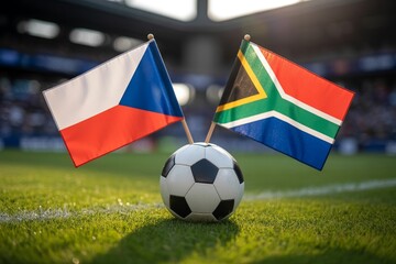 Fototapeta premium Czech Republic and South Africa flags stand on a soccer ball on a sunlit grassy field in a stadium