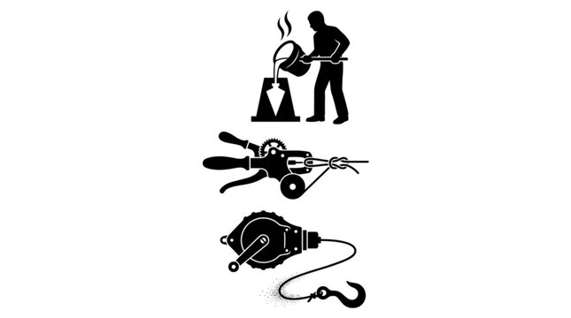 Industrial worker pouring molten metal into conical mold next to wire tensioner tool with mechanical gear system and completed chalk line box reel with hook vector silhouette set