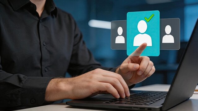 Businessman selecting verified user profile on futuristic holographic interface, digital identity authentication concept, modern office technology background, HR management