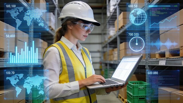 Female industrial engineer analyzing logistics data on laptop in warehouse, augmented reality graphs and charts overlay, supply chain management, inventory control, smart factory