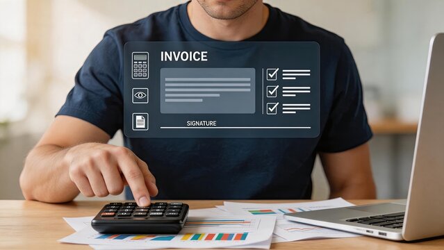Man calculating finances with calculator and invoice graphic overlay, digital billing process, accounting and tax preparation concept, small business administration, financial