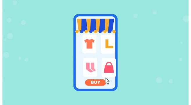 Mobile online shopping app interface with buy button animation