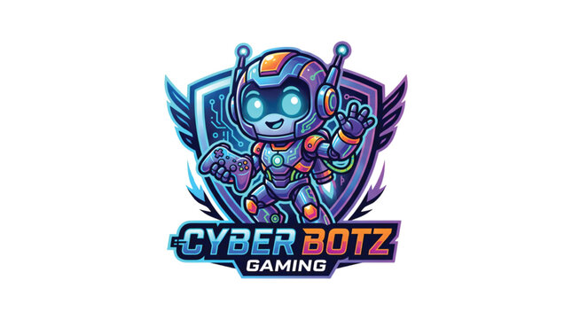 Cybernetic Botz Gaming Mascot Logo - Futuristic Robot Character with Shield Emblem