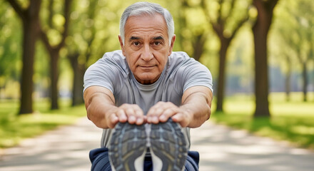 Active Senior Man Stretching on Park Path, Healthy Aging and Fitness Concept, Portrait of Elderly Male Athlete Exercising Outdoors