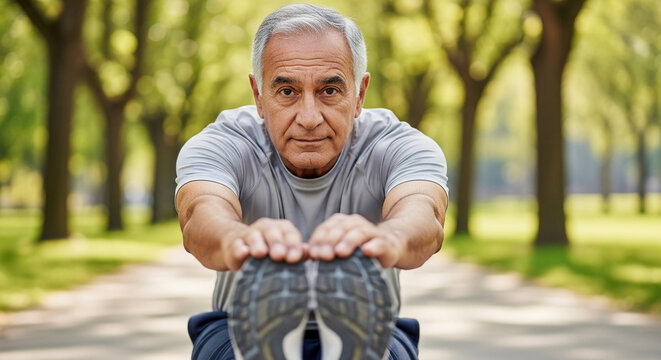 Active Senior Man Stretching on Park Path, Healthy Aging and Fitness Concept, Portrait of Elderly Male Athlete Exercising Outdoors