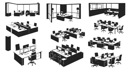 Obraz premium Logistics Operations Office Workspace Vector Set Modern Corporate Desk Layout Collection