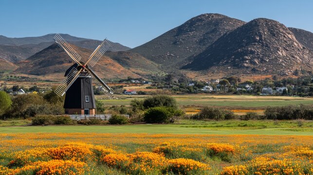 Scenic view of a classic windmill surrounded by vibrant wildflowers and rolling hills under a clear blue sky with distant mountains in the background